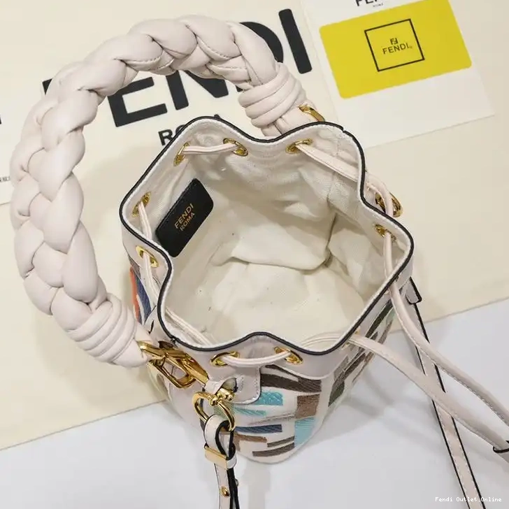Affordable Bucket FF Mon Mini Bag Beige Handle Tresor Fendi Woven In Canvas with Motif 0626